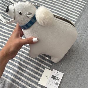Kate Spade White Bear Bag with Blue Collar